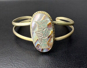 Vintage Alpaca Mexico Abalone Shell Owl Bracelet Inlay Mixed Metal Boho